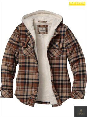 Sherpa Lined Hooded Flannel Shirt Jacket with Snap Front